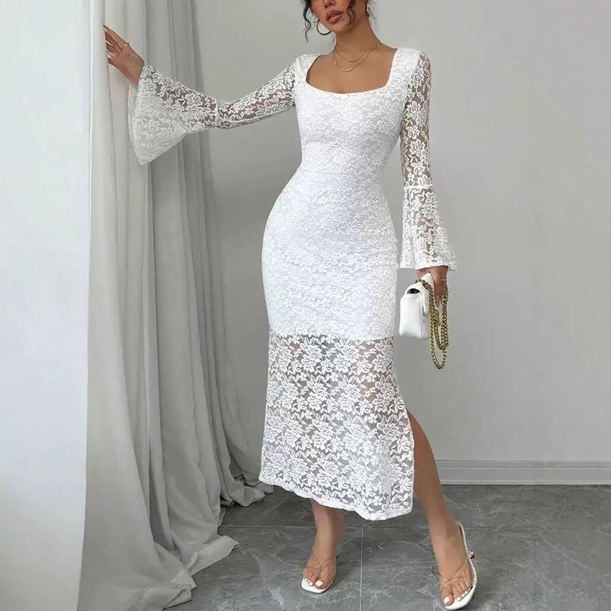 Lace Patchwork Square-Neck Bodycon Dress – Flared Sleeve Elegant Women’s Dress | Chic Fashion Evening & Party Wear
