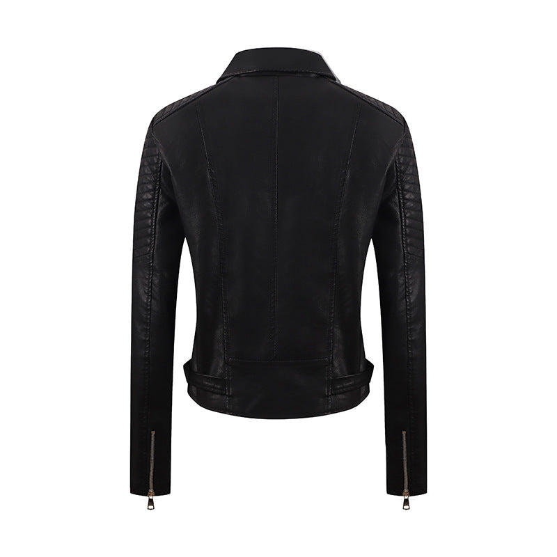 Women’s PU Leather Motorcycle Jacket – Short Slim-Fit Washed Leather Biker Coat with Oblique Zipper