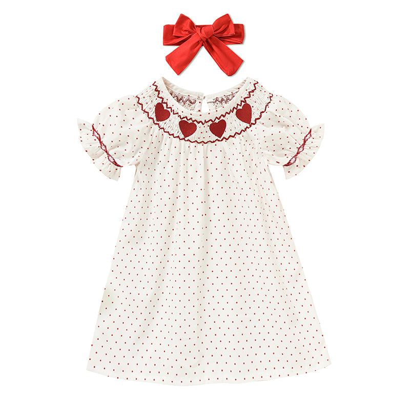 Baby Girl Valentine’s Day Dress – Red Heart Embroidered Smocked Princess Party Dress with Headband | Short Sleeve Outfit