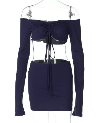 Drawstring Drop Ruched Off Shoulder Two-piece Skirt Set Y2K Long Sleeve Top & Bodycon Skirt Outfits Women's Clothing
