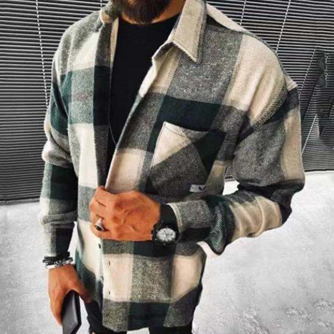 Men’s Printed Plaid Woolen Shirt – Warm Long‑Sleeve Casual Button‑Up Flannel‑Style Outerwear