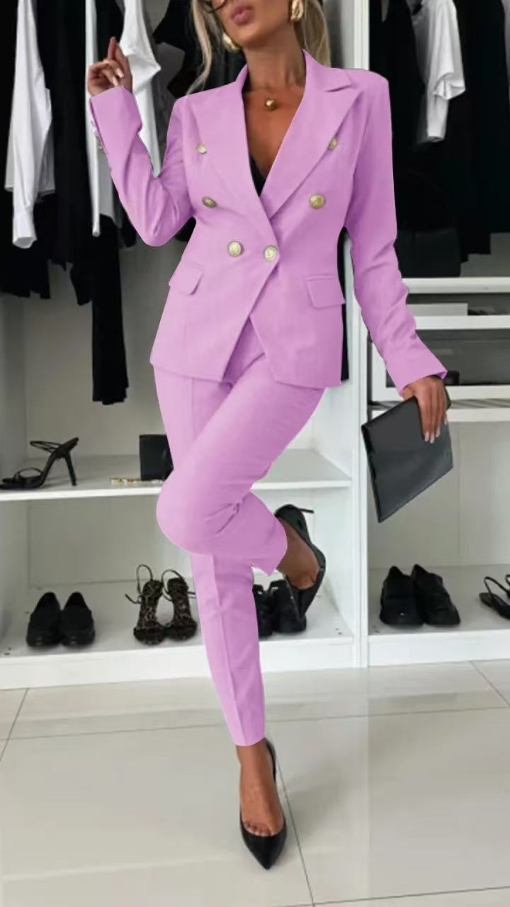 Women’s Casual Blazer Suit – Slim Lapel Double-Breasted Jacket & Zip-Up Trousers | Elegant Modern Two-Piece Outfit