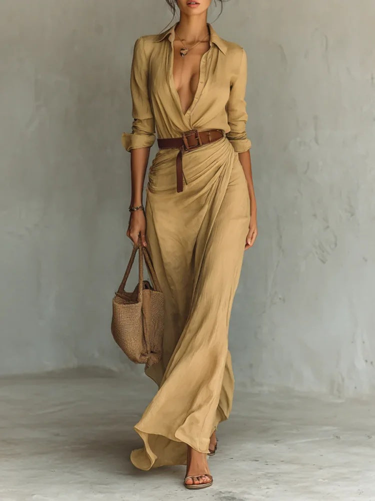 Irregular Long Shirt Dress with Belt – Elegant Button Lapel Long Sleeve Dress | Office & Daily Commuting Women’s Fashion