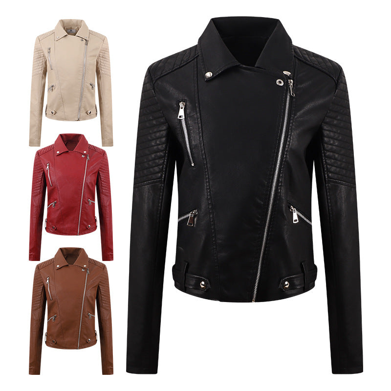 Women’s PU Leather Motorcycle Jacket – Short Slim-Fit Washed Leather Biker Coat with Oblique Zipper