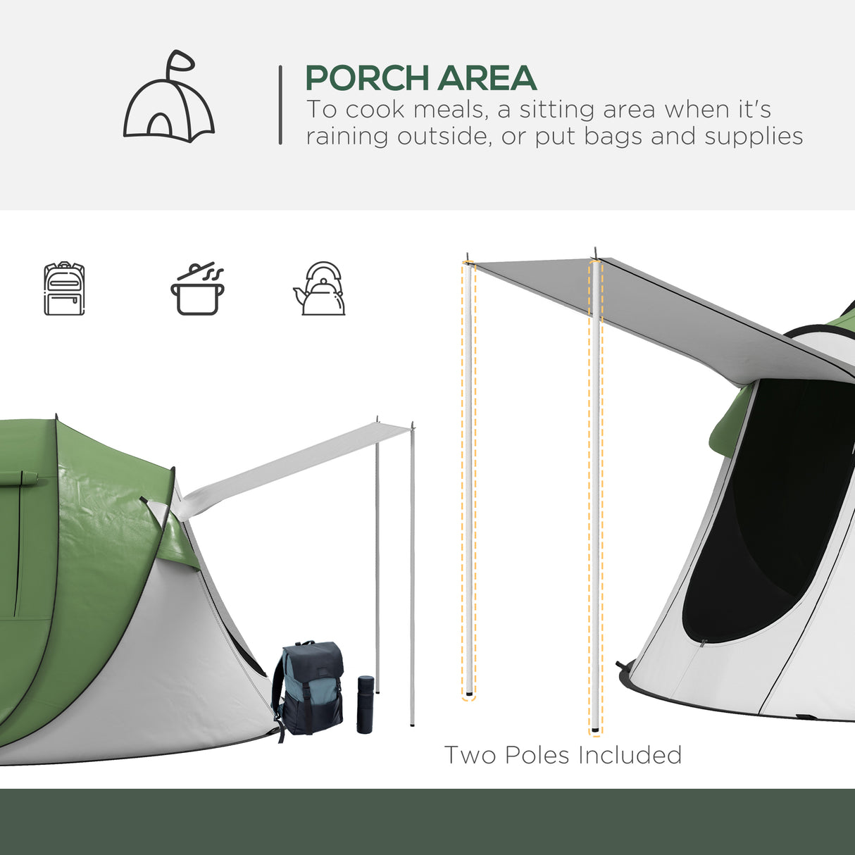Pop-Up Camping Tent with Porch & Carry Bag – 2–3 Person, 3000mm, Waterproof, Green