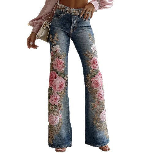 Women’s Retro Printed Faux Denim Jeans – High-Waist Stretch Fashion Pants
