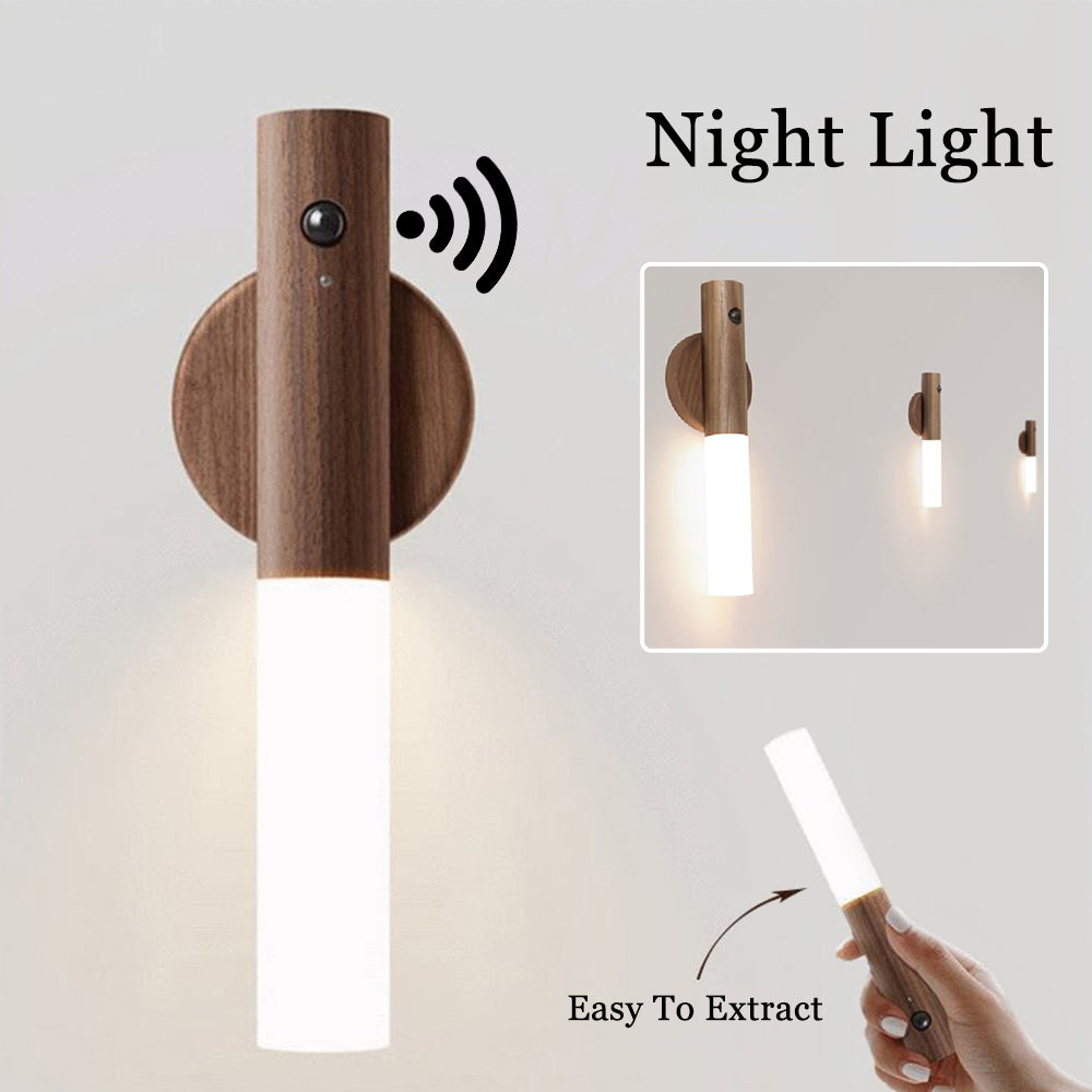 LED Motion Sensor Night Light – USB Rechargeable Magnetic Wood Wall Lamp | Wireless PIR Cabinet Light for Hallway, Closet & Porch