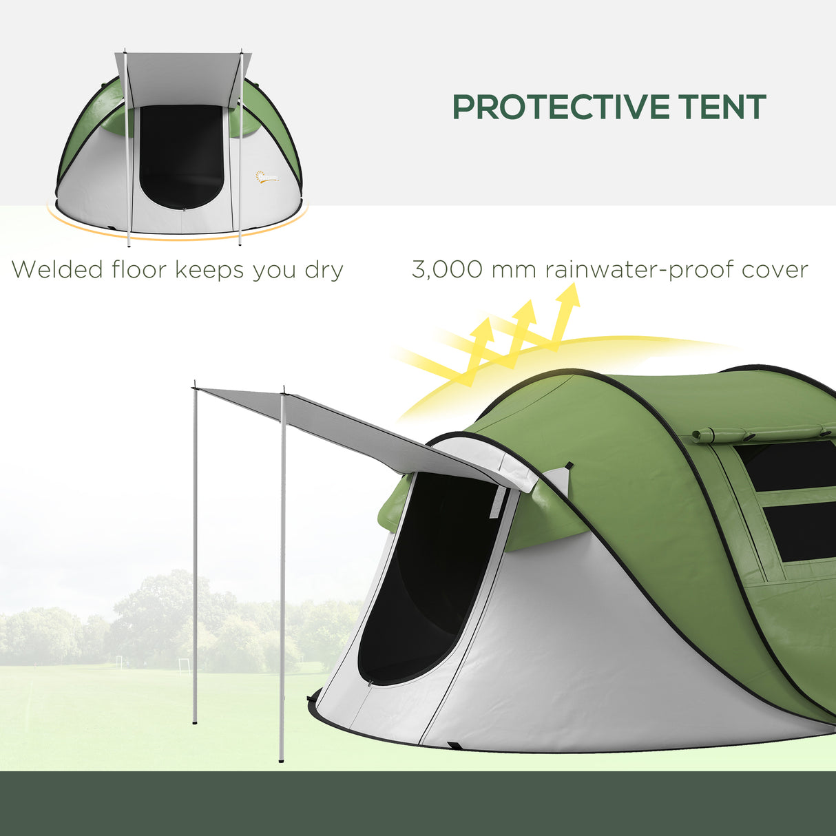 Pop-Up Camping Tent with Porch & Carry Bag – 2–3 Person, 3000mm, Waterproof, Green