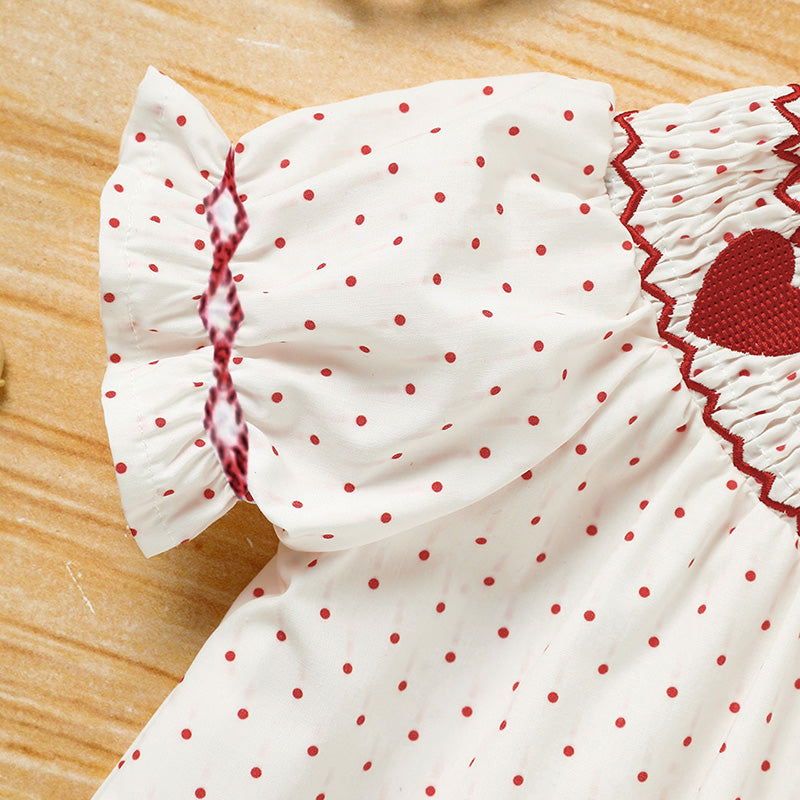 Baby Girl Valentine’s Day Dress – Red Heart Embroidered Smocked Princess Party Dress with Headband | Short Sleeve Outfit