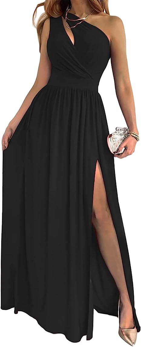 Women’s One-Shoulder High Split Cutout Maxi Dress – Elegant Sleeveless Cocktail & Evening Gown