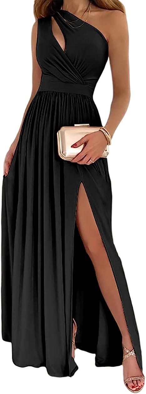 Women’s One-Shoulder High Split Cutout Maxi Dress – Elegant Sleeveless Cocktail & Evening Gown