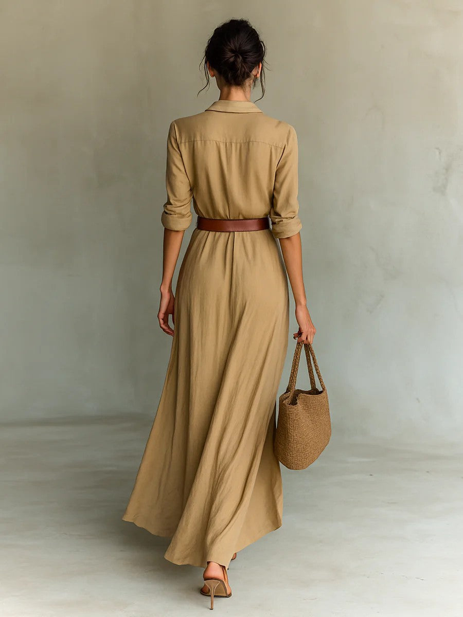 Irregular Long Shirt Dress with Belt – Elegant Button Lapel Long Sleeve Dress | Office & Daily Commuting Women’s Fashion