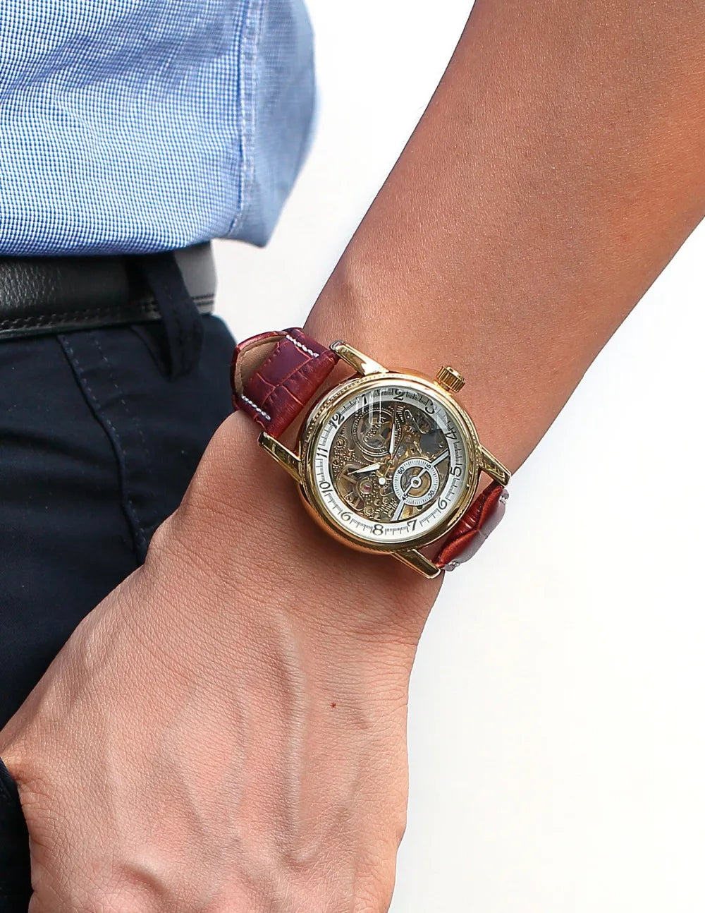 ORKINA MG Luxury Men’s Mechanical Skeleton Watch – Gold Case with Leather Strap (Model Number: MG016)