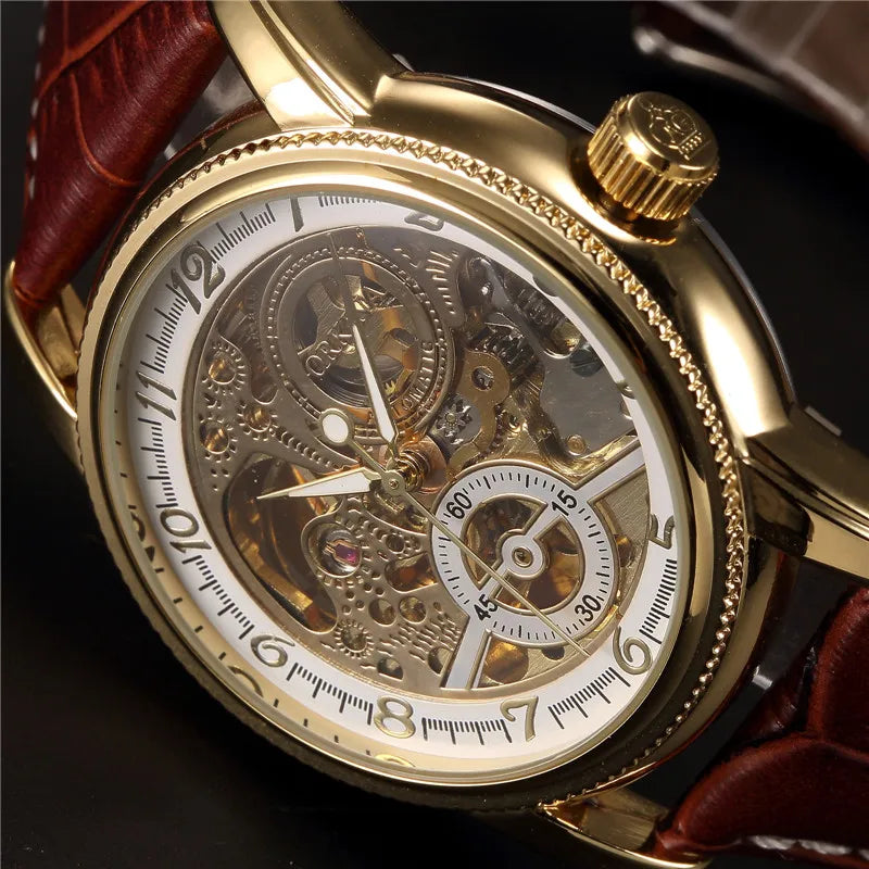 ORKINA MG Luxury Men’s Mechanical Skeleton Watch – Gold Case with Leather Strap (Model Number: MG016)