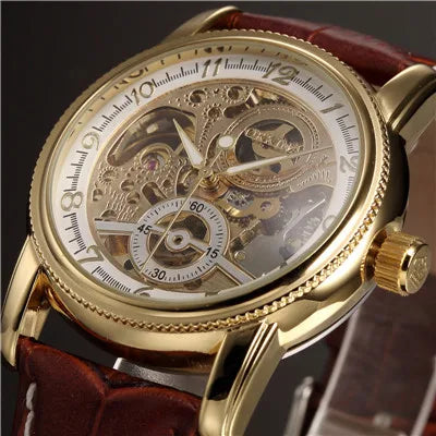 ORKINA MG Luxury Men’s Mechanical Skeleton Watch – Gold Case with Leather Strap (Model Number: MG016)