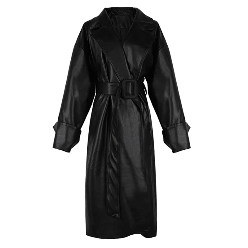 Lautaro Long Leather Trench Coat – Oversized Fall Streetwear for Women