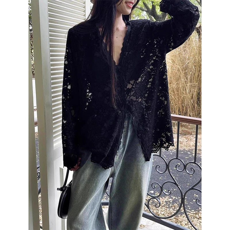 Y2K Lace Sheer Long Sleeve Blouse