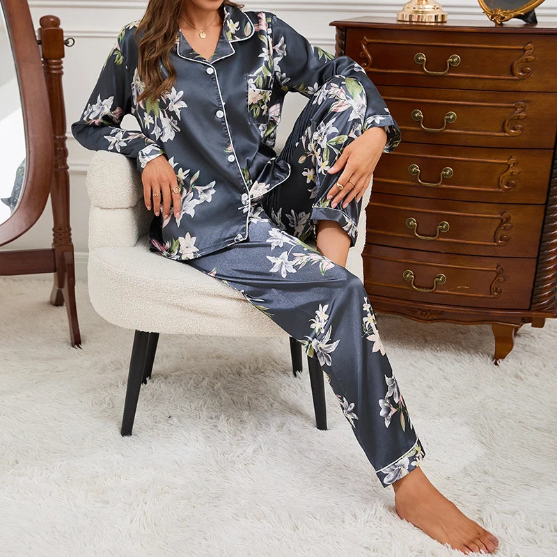 Women’s Satin Floral Pajamas Set – Autumn Long Sleeve Top & Pants Sleepwear | 2-Piece Silk Homewear Pyjama Femme