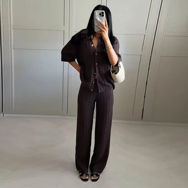 Brown V-Neck Knit Shirt and Pants