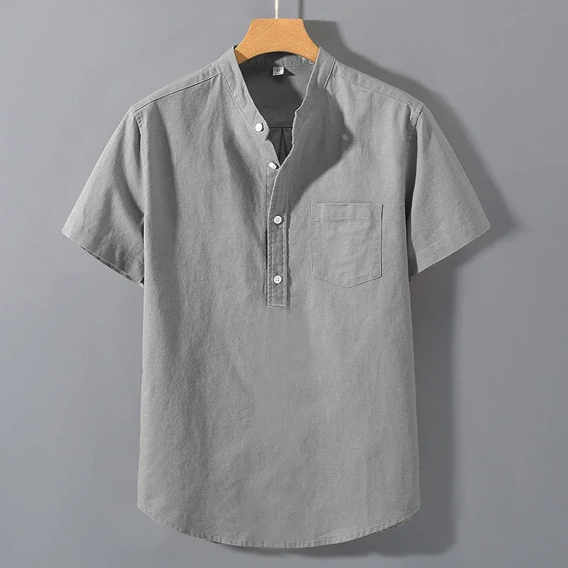 Men’s Short Sleeve Solid Color Stand Collar Cotton Shirt