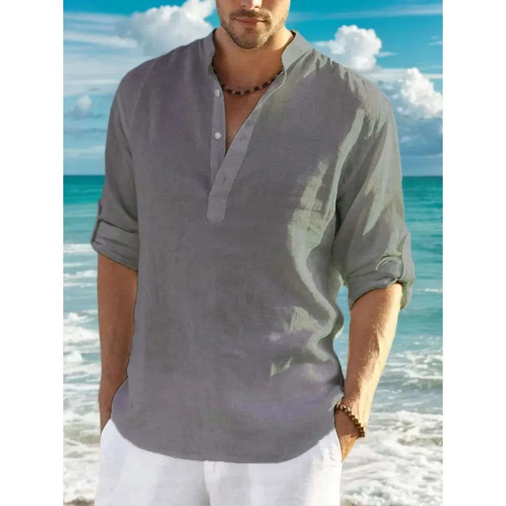 Men’s Classic Casual Stand-Up Collar V-Neck Long Sleeve Shirt
