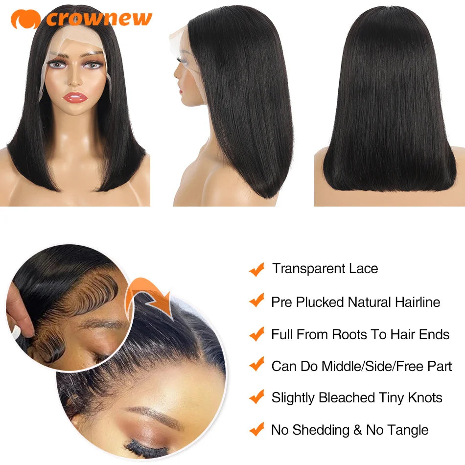Bob Wig Human Hair – 100% Human Hair Straight Bob Wig, 13x4 HD Transparent Lace Front, Natural Pre-Plucked Lace Frontal Wig