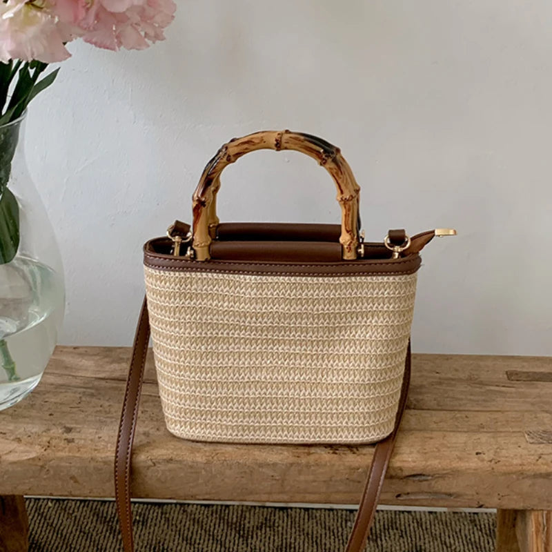 Hand Knitted Women’s Straw Bucket Handbag with Wooden Handle