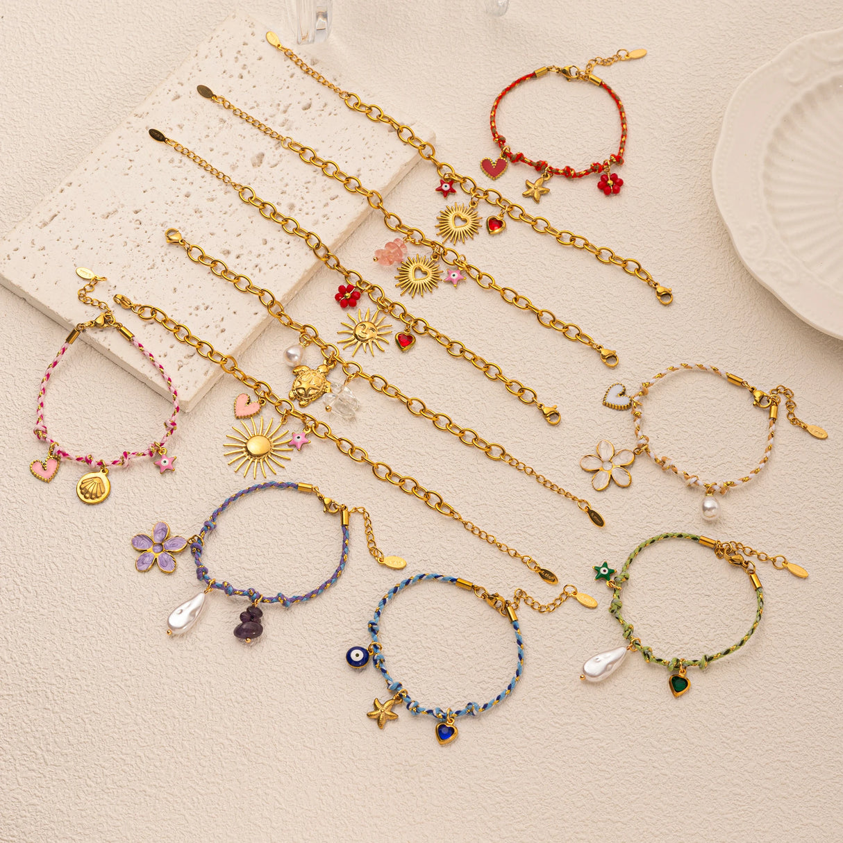 Gold-Plated, Handmade, Colorful, Braided Bracelet with Multiple Pendants