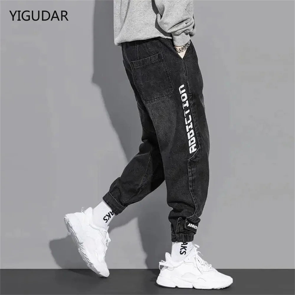 Men’s Baggy Harem Jeans Streetwear Loose Fit Tapered Moto Pants