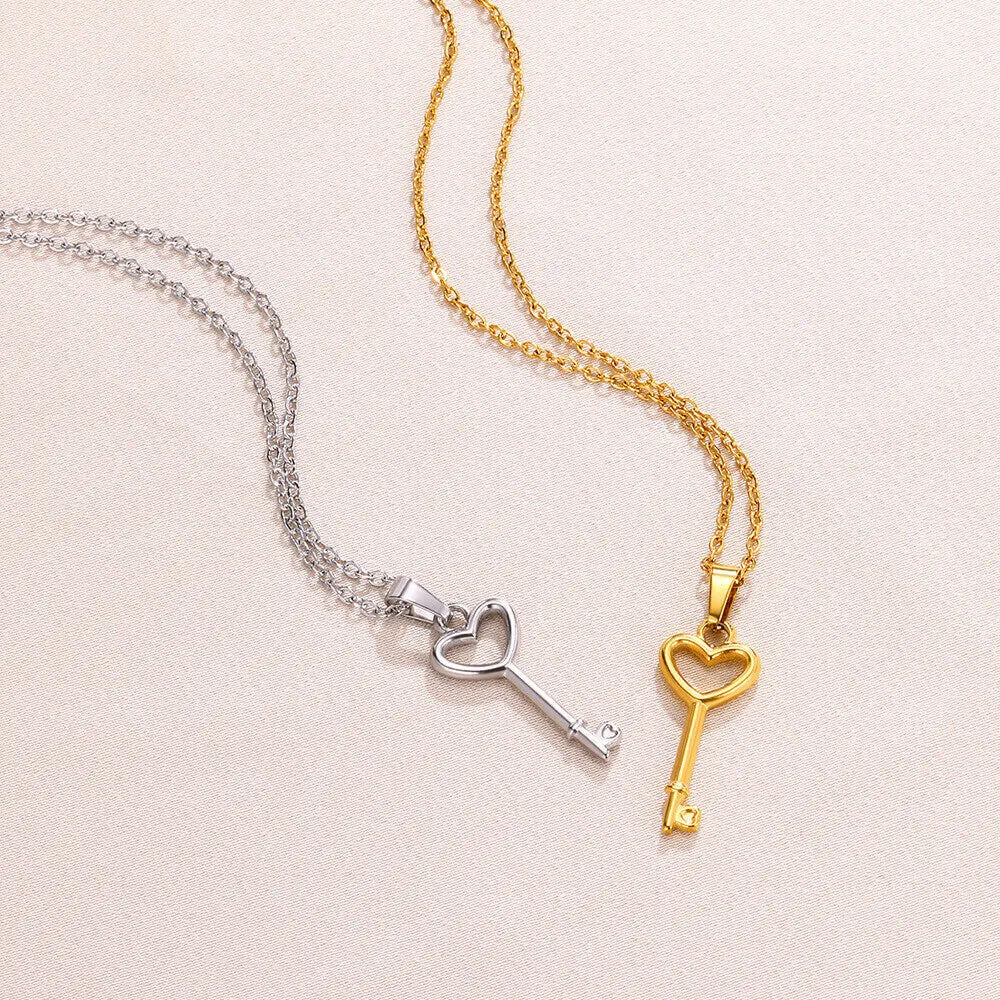 Fashion Heart Key Necklace Pendant – Gold Color Stainless Steel Love Couple Choker | Trendy Women’s Jewelry Christmas Gift