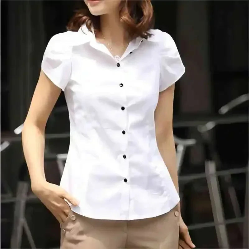 Women’s Summer Short Sleeve Office Blouse – Black/White Formal Work Shirt