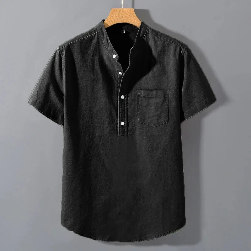 Men’s Short Sleeve Solid Color Stand Collar Cotton Shirt