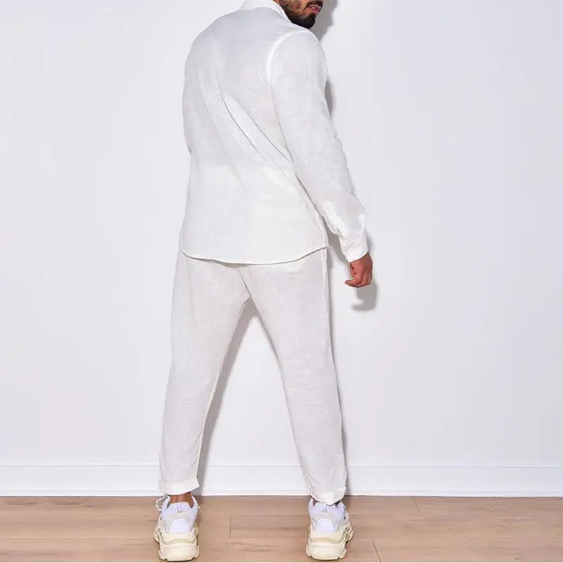 Men’s Casual Linen Outfit – Long Sleeve Shirt and Pants Set