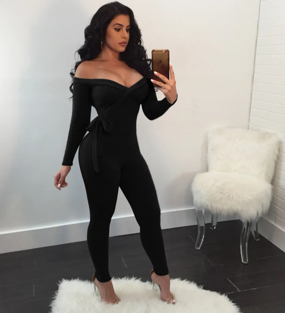 Sexy V-Neck Off Shoulder Jumpsuit – Women’s Slim Fit One Piece