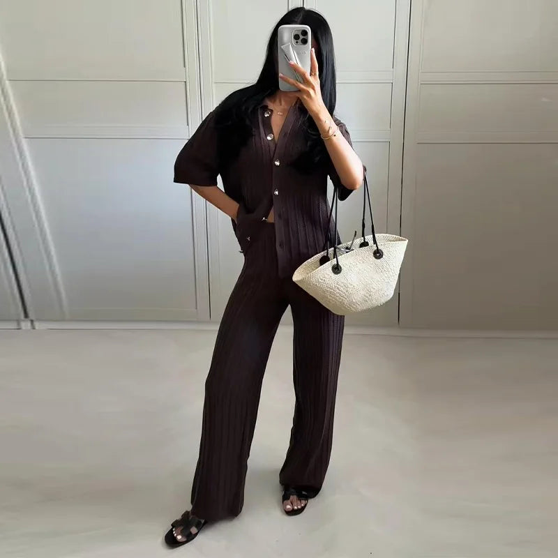 Brown V-Neck Knit Shirt and Pants