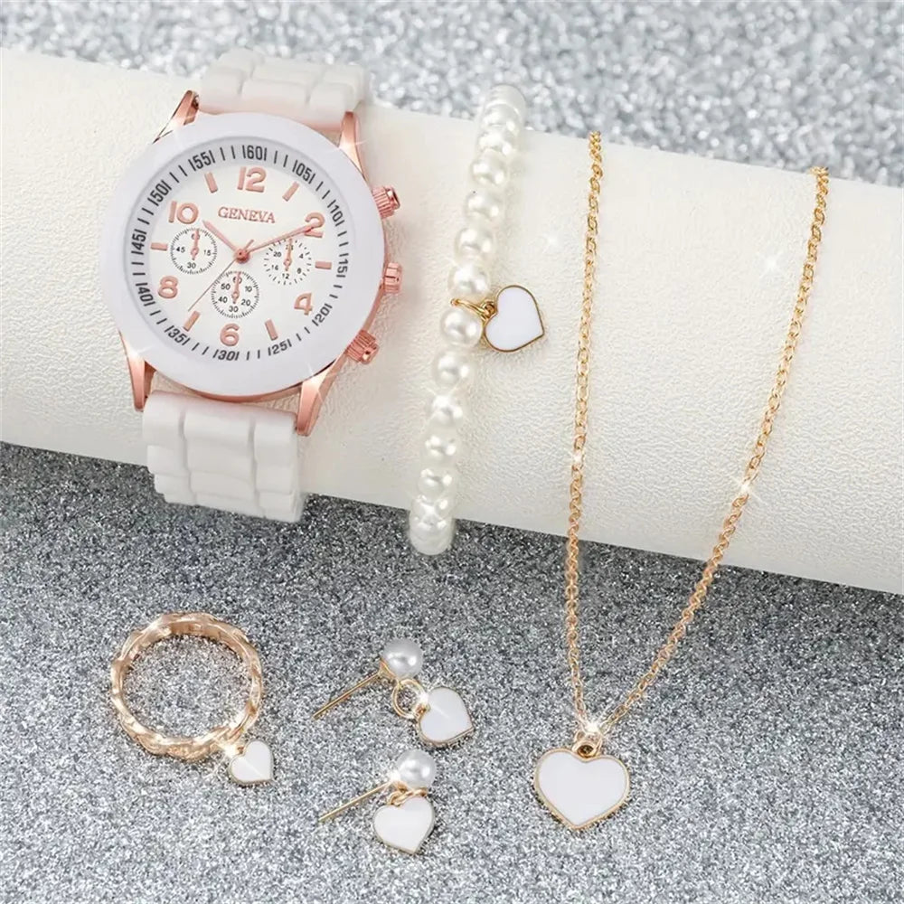 6PCS/Set Women's Watches Casual Silicone Band Analog Quartz Watch Heart Pearls Jewelry Set (Without Box)