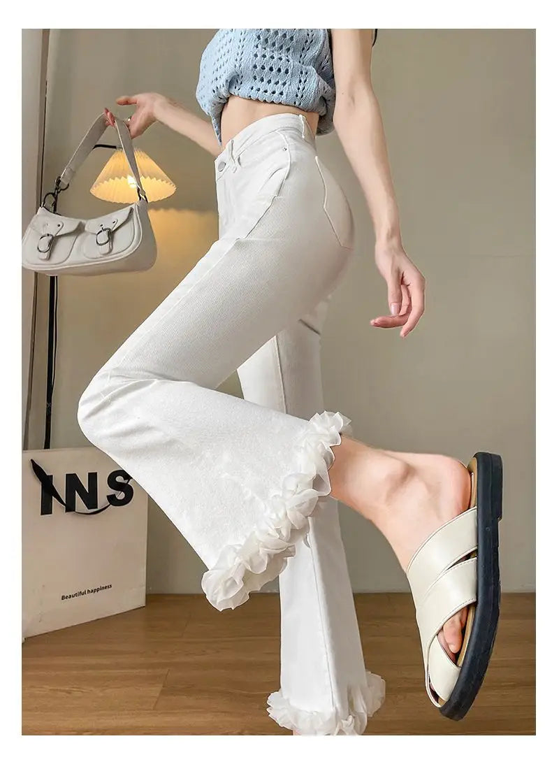 White Lace Spliced Flared Imitation Jeans for Women