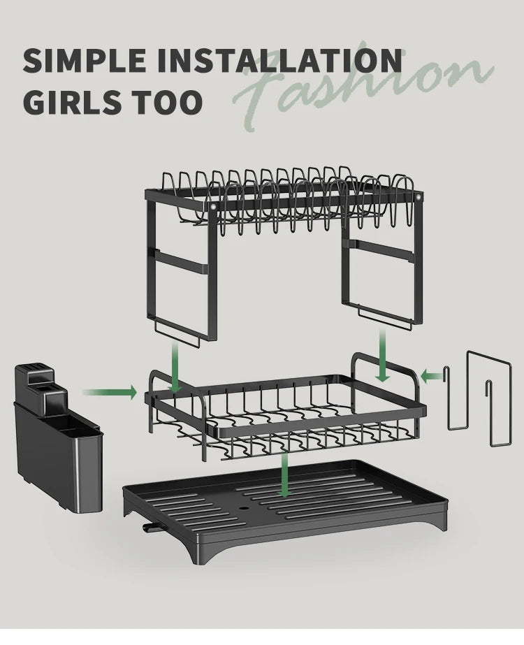 2-Tier Dish Drying Rack with Cutlery Holder, Cup Hooks & Draining Tray