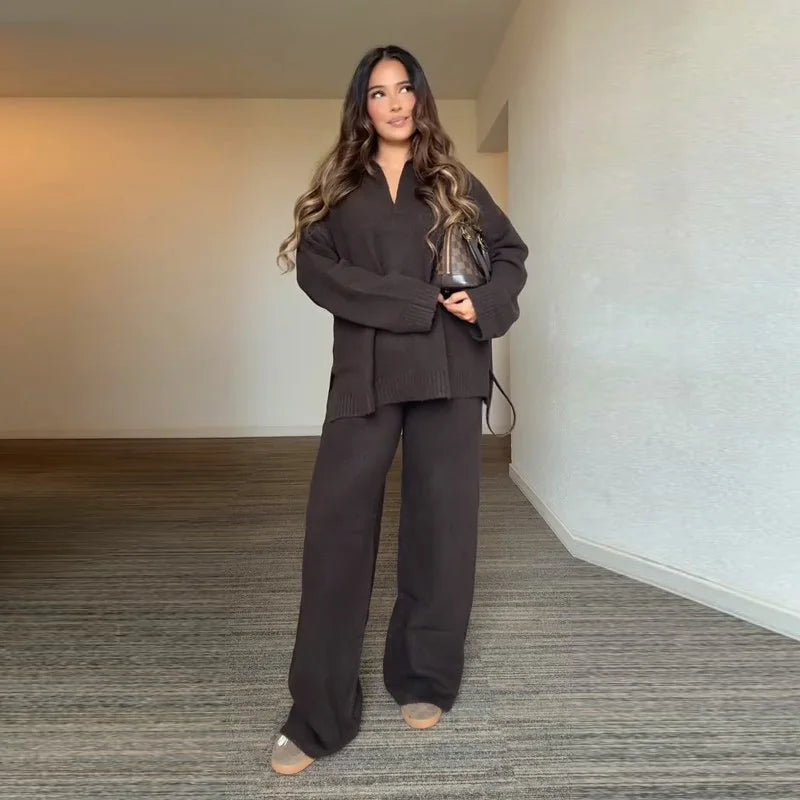 Brown V-Neck Knit Shirt and Pants