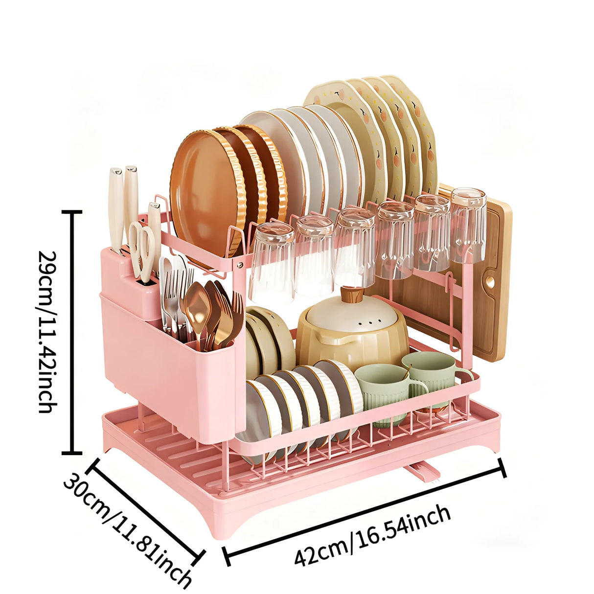 2-Tier Dish Drying Rack with Cutlery Holder, Cup Hooks & Draining Tray