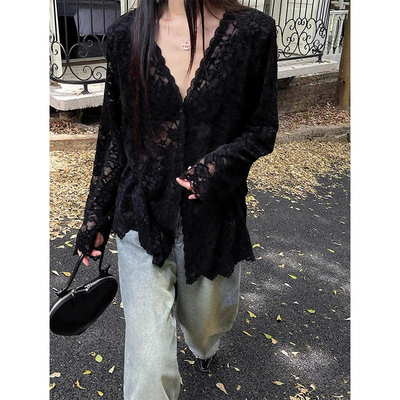 Y2K Lace Sheer Long Sleeve Blouse