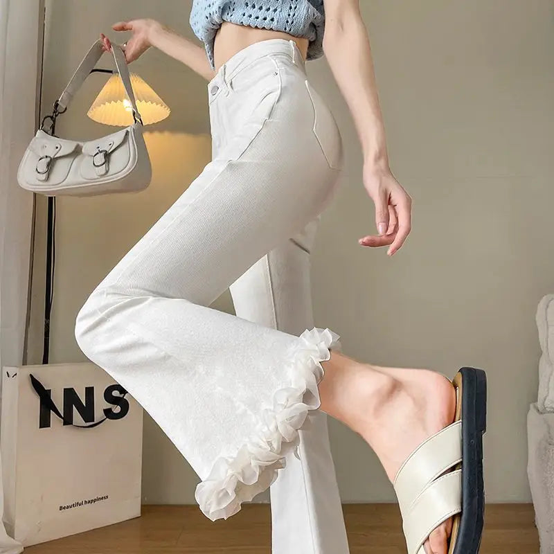 White Lace Spliced Flared Imitation Jeans for Women