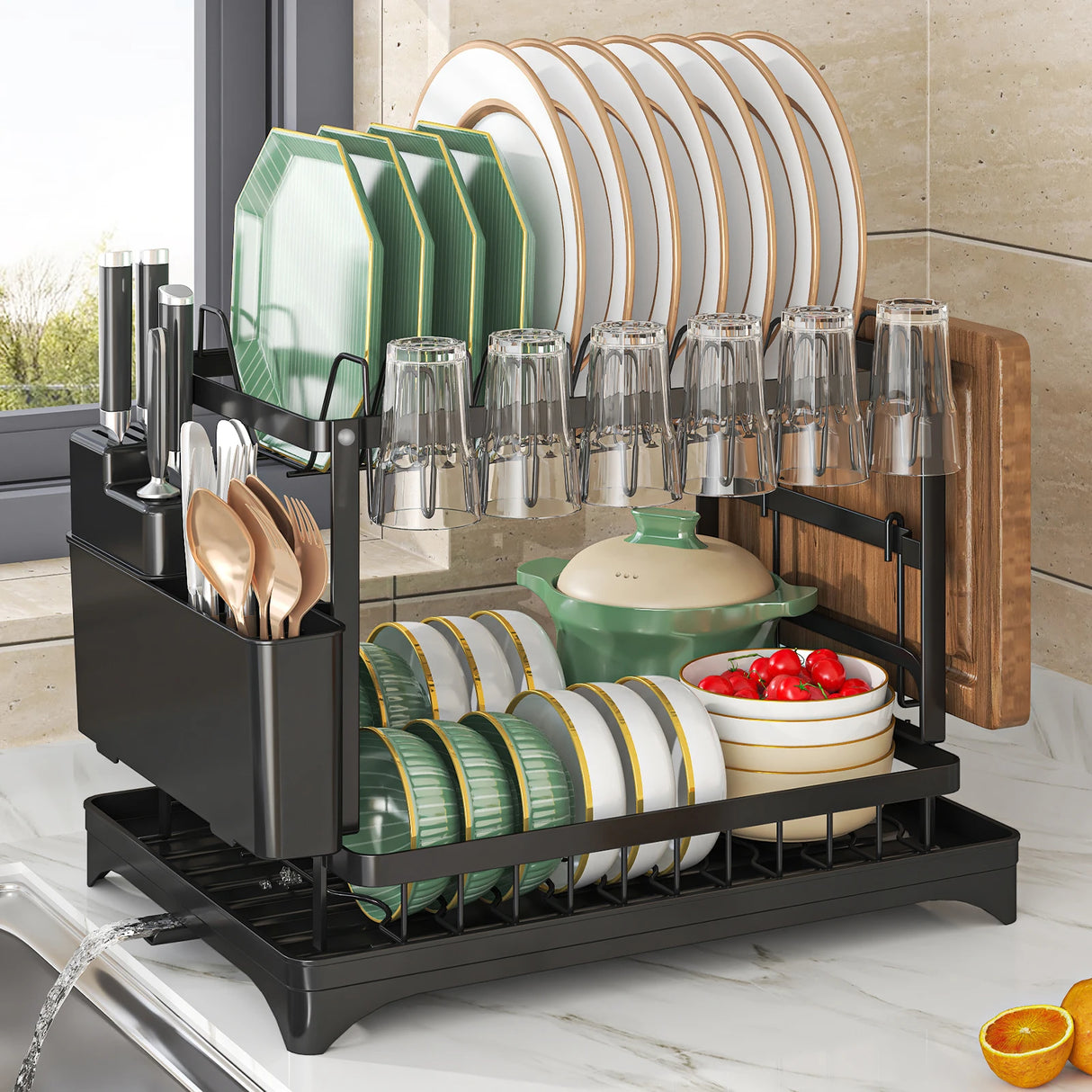 2-Tier Dish Drying Rack with Cutlery Holder, Cup Hooks & Draining Tray