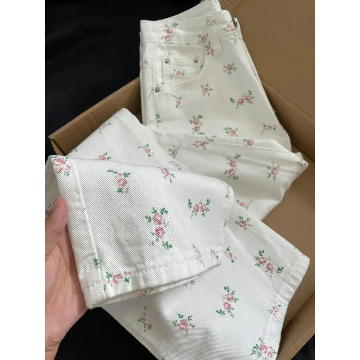White Floral Straight Jeans for Women