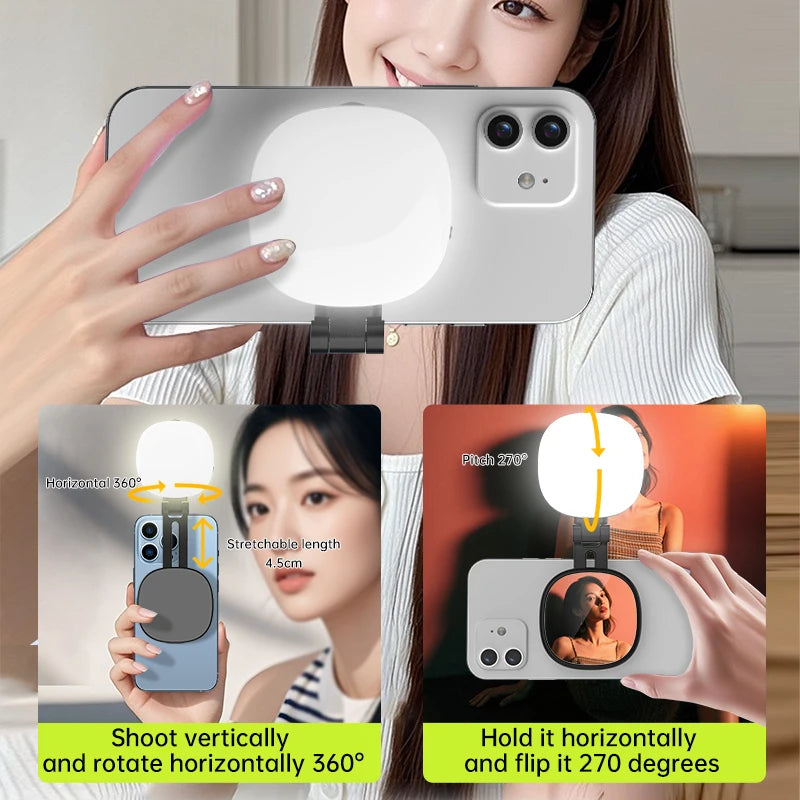 Espejo magnético para selfies con mini luz de relleno – Anillo de luz para teléfono ajustable de doble color