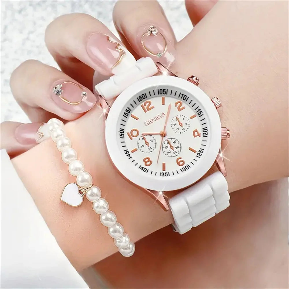 6PCS/Set Women's Watches Casual Silicone Band Analog Quartz Watch Heart Pearls Jewelry Set (Without Box)