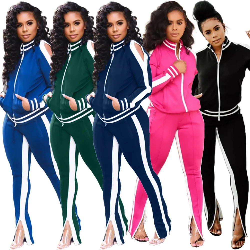 Women’s Two Piece Sports Casual Set – Patchwork Zipper Jacket and Pants