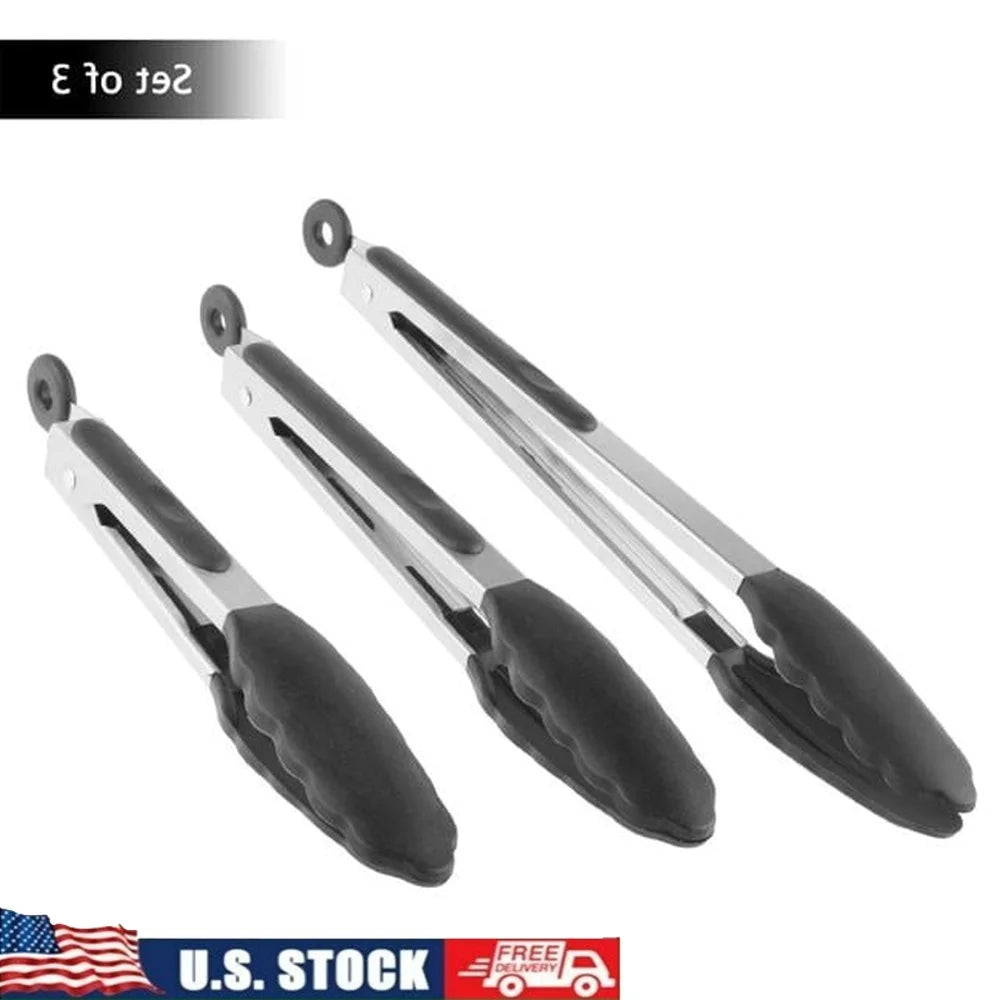 3-Piece Stainless Steel Kitchen Tongs Set with Heat-Resistant Silicone Tips