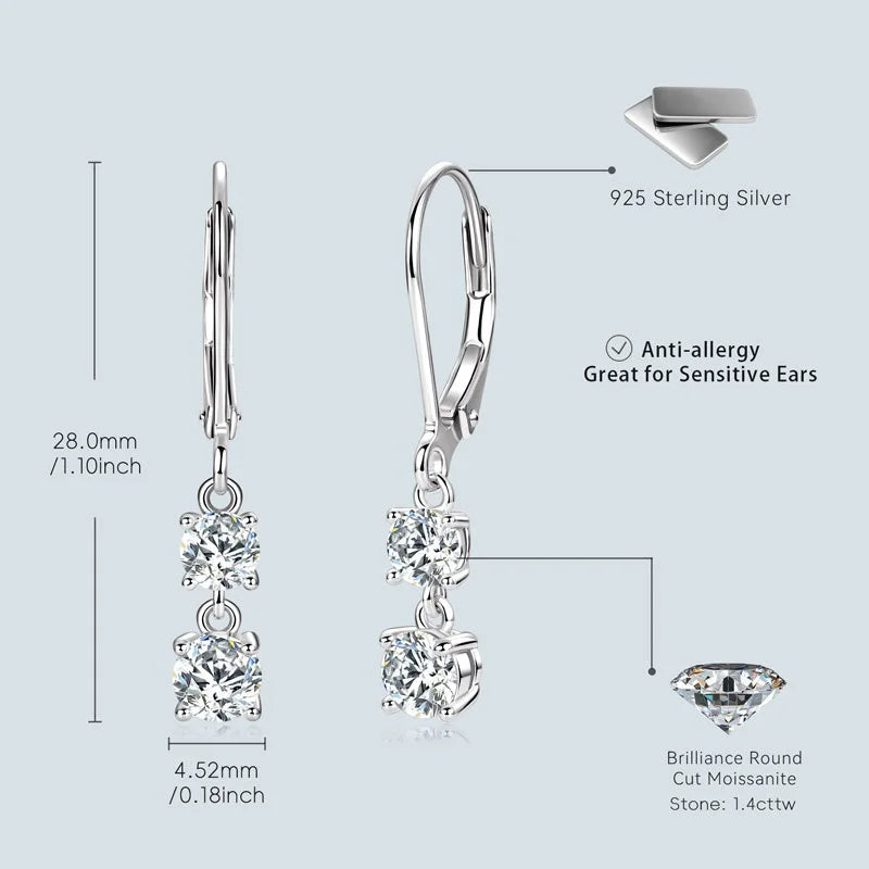 Anziw 42mm Moissanite Drop Earrings – 925 Sterling Silver Long Dangle Hoop Clip Earrings | Wedding Fine Jewelry Gift for Women
