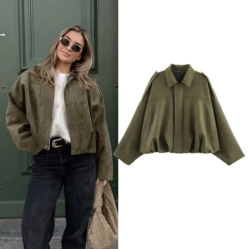 Women’s Bomber Jacket – Vintage Fashion Turn-Down Collar Loose Fit Coat | Long Sleeve Casual Outerwear Chic Streetwear Tops